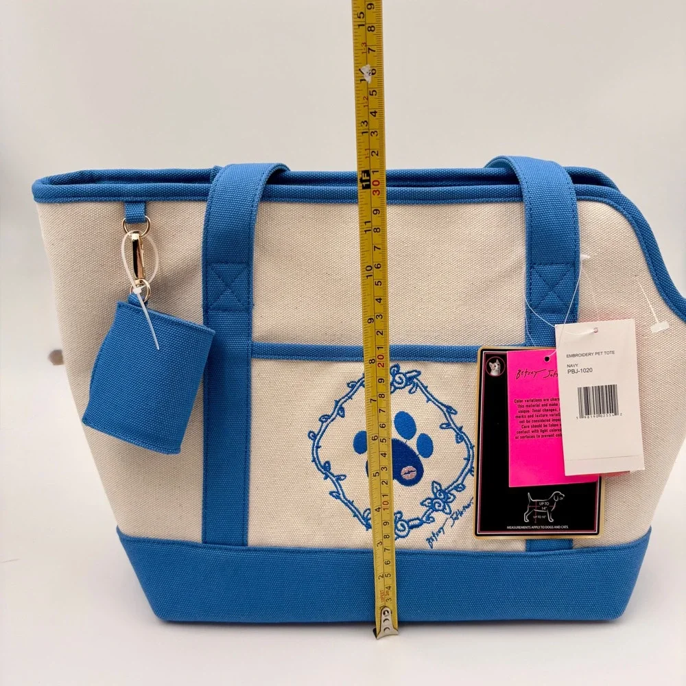 Betsey Johnson Navy Cream Canvas Embroidery Pet Carrier Tote Bag Dog Lover
